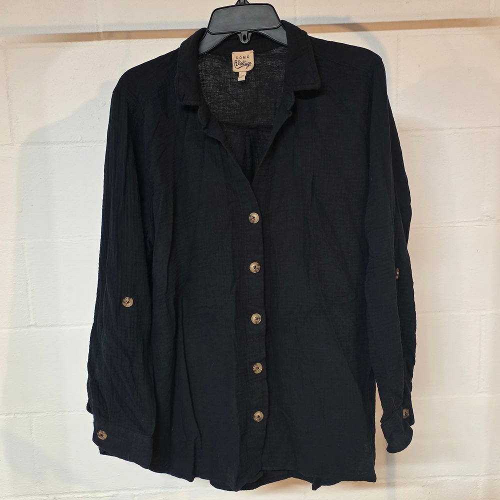 Como Vintage Women 2X Black Cotton Gauze Roll Tab Button Down Shirt M2U083TSC